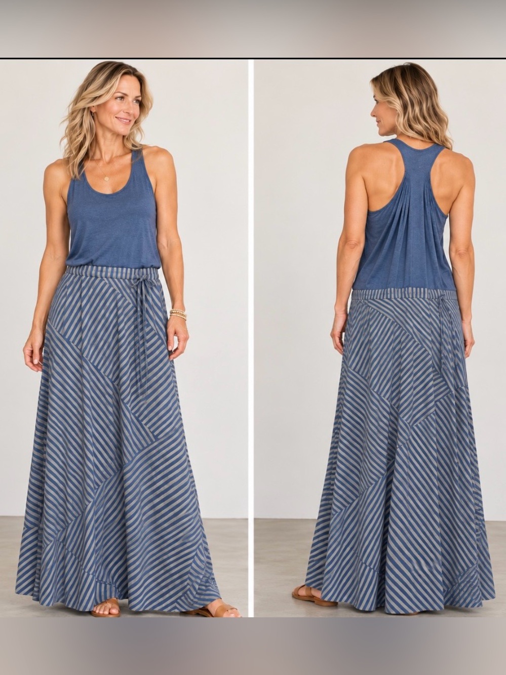 NWT Athleta Blue Striped
Racerback Maxi Dress
95% Viscose Size Large